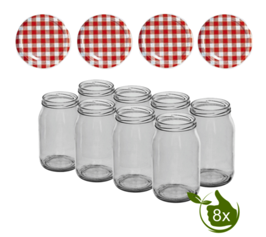 Glazenpotten 900 ml met twist-off deksel rood/wit blok design 8 stuks