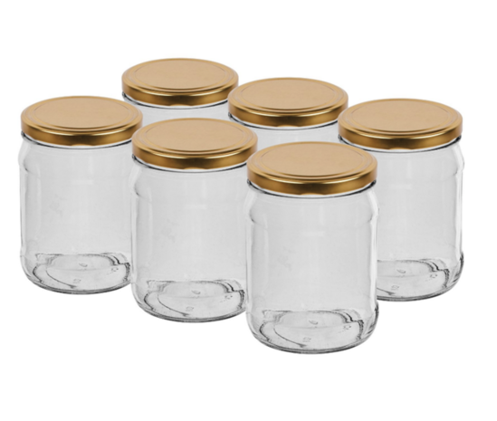 Glazenpotten 500 ml inclusief deksel (goud) verpakt per 6 stuks